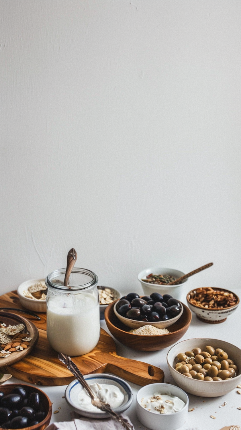 Rustic breakfast spread on a wooden board